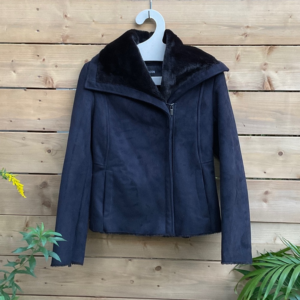 Jacob Black Faux Suede Jacket with Faux Fur Collar, XS